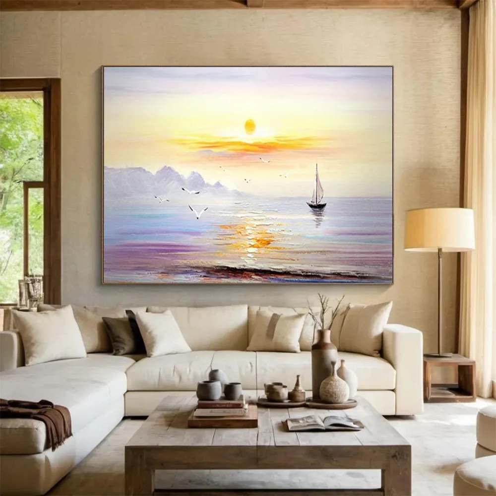 Evening Handmade Water Coastal Sky Abstract Wall Art 6KY51
